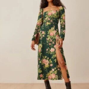 Reformation Sigmund Belvedere Green Floral Midi Dress floral plus 14 slit sleeve